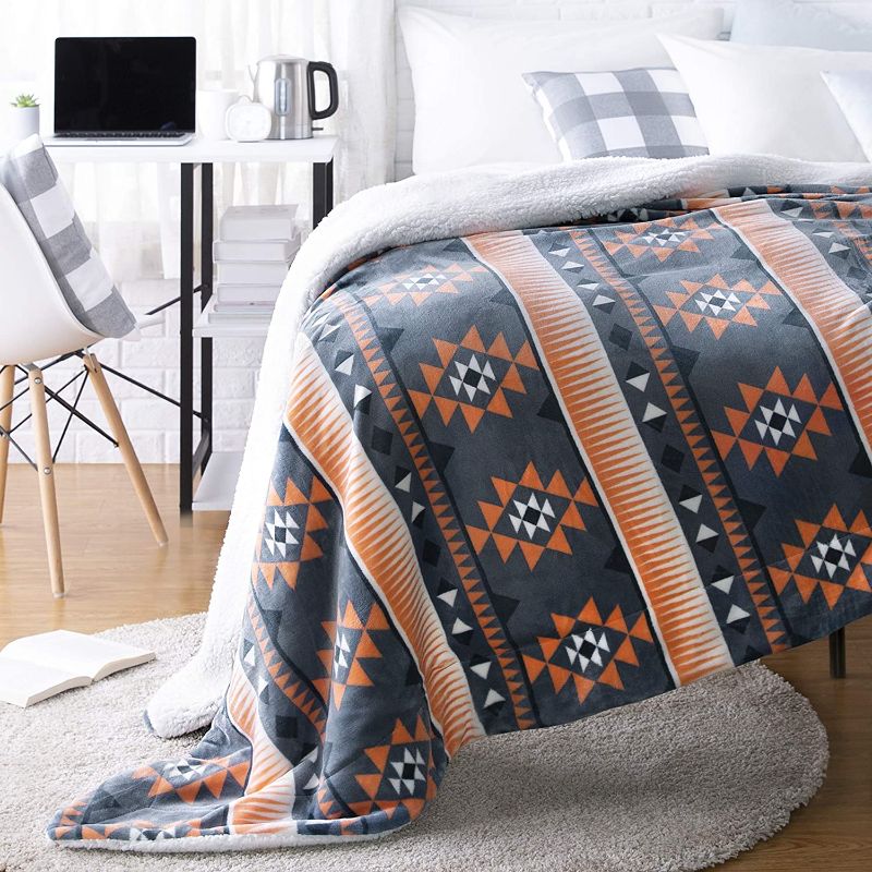 Photo 1 of Amazon Basics Ultra-Soft Micromink Sherpa Blanket - Throw, Spa Blue Aztec Stripe [60x90]