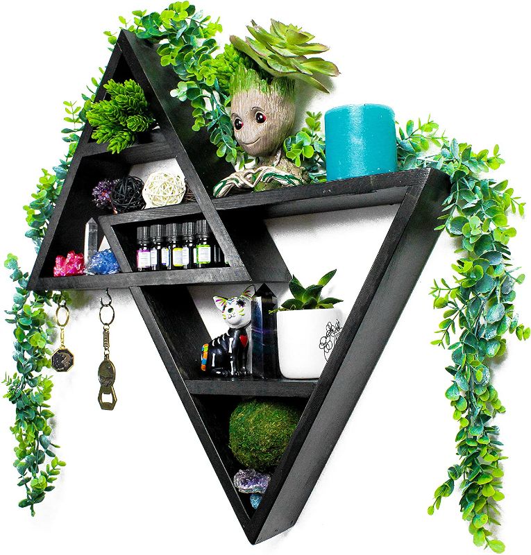 Photo 1 of 
Rustic Curiosities Large Triangle Shelf - Crystal Display Altar Shelf for Stones, Essential Oils, and More 21.5 X 20 Inches (Black, Left Triangle Up)