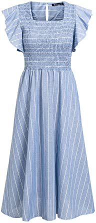 Photo 1 of Miessial Women's Striped Linen Long Dress Elegant Ruffle Cap Sleeves Midi Dress
