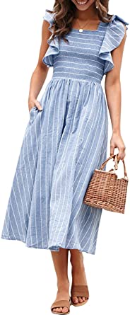 Photo 1 of Miessial Women's Striped Linen Long Dress Elegant Ruffle Cap Sleeves Midi Dress