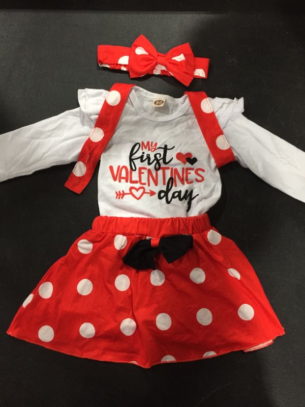 Photo 2 of Baby Girls My First Valentine's Day Outfit Ruffles Long Sleeve Romper + Heart Suspenders Skirt Set [3-6mo]