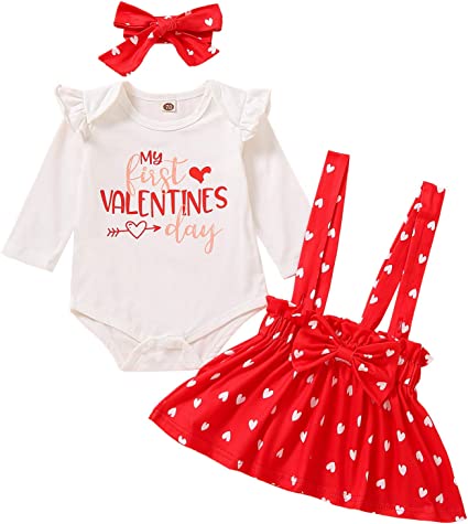 Photo 1 of Baby Girls My First Valentine's Day Outfit Ruffles Long Sleeve Romper + Heart Suspenders Skirt Set [3-6mo]