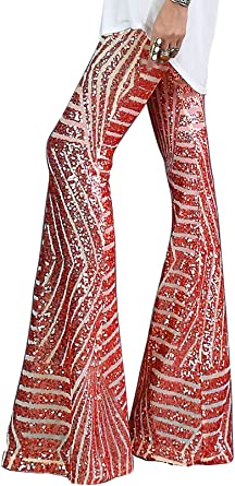 Photo 1 of BLENCOT Bell Bottoms for Women High Waisted Wide Leg Palazzo Pants Bling Sequin Flared Trousers[Size XL]