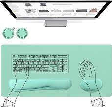 Photo 1 of Mouse Pad 5Pcs Set, 800x400mm PU Leather Desk Pad& Ergonomic Memory Foam Keyboard Wrist Pad&Mouse Wrist Rest for Laptop Office, Including 2 Free PU&Cork Coaster, Green
