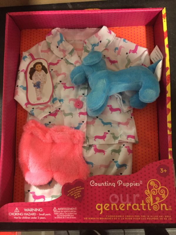 Photo 1 of Our Generation Dolls Counting Puppies Dog Print Pjs Outfit for Dolls, 18"
