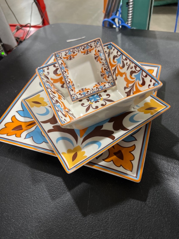 Photo 2 of Chin-Chin JL 16 Piece Porcelain Square Dinnerware set for 4 ,Vibrant Orange, blue and yellow, BOHO Style (Square Dinnerware Sets)
