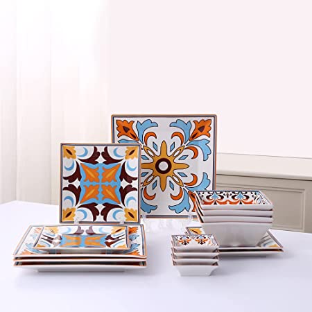 Photo 1 of Chin-Chin JL 16 Piece Porcelain Square Dinnerware set for 4 ,Vibrant Orange, blue and yellow, BOHO Style (Square Dinnerware Sets)
