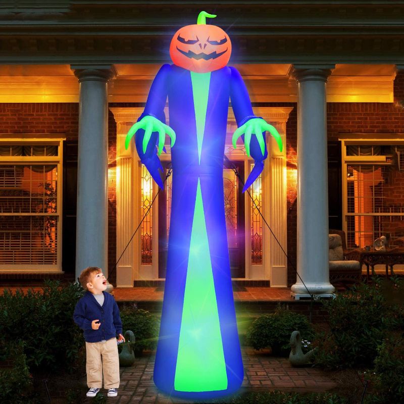 Photo 1 of 12Ft Giant Halloween Inflatables Pumpkin Halloween Decorations Inflatables with LED Light Sandbags Stakes Strings Halloween Inflatables Outdoor Decorations Blow Up Inflatable Holiday Yard Decoration
