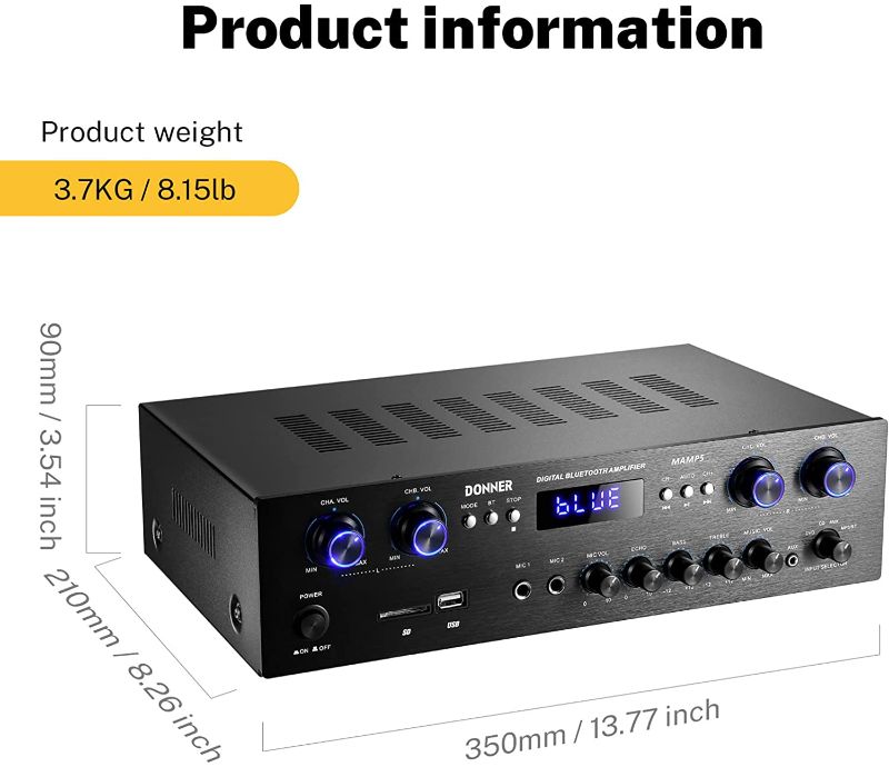 Photo 1 of Donner Bluetooth 5.0 Stereo Audio Amplifier Receiver, 4 Channel, 440W Peak Power Home Theater Stereo Receiver USB, SD,FM, 2 Mic in Echo, RCA, LED, Speaker Selector for Studio, Home-MAMP5
