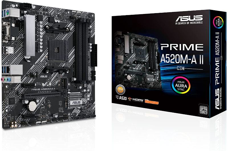 Photo 1 of ASUS Prime A520M-A II/CSM AMD AM4(3rd Gen Ryzen) microATX Commercial Motherboard(ECC Memory,M.2 Support,1Gb Ethernet, DP/HDMI 2.1/D-Sub, 4K@60HZ, USB3.2 Gen1Type-A, ARGBheader with AURAsync)
