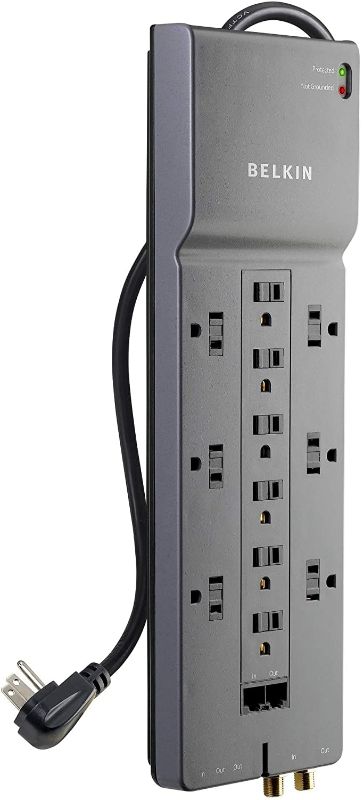 Photo 1 of Belkin Power Strip Surge Protector with 12 AC Multiple Outlets, 10 ft Long Flat Plug Heavy Duty Extension Cord for Home, Office, Travel, Computer Desktop, Laptop & Phone Charging Bricks (4,156 Joules)