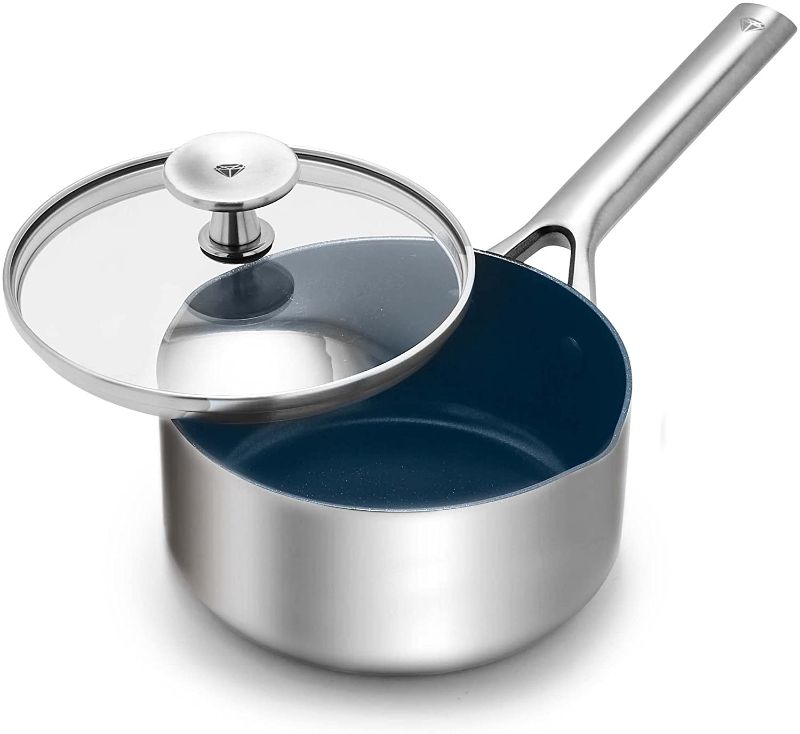 Photo 1 of Blue Diamond Cookware Tri-Ply Stainless Steel Ceramic Nonstick, 2QT Saucepan Pot with Lid, PFAS-Free, Multi Clad, Induction, Dishwasher Safe, Oven Safe, Silver