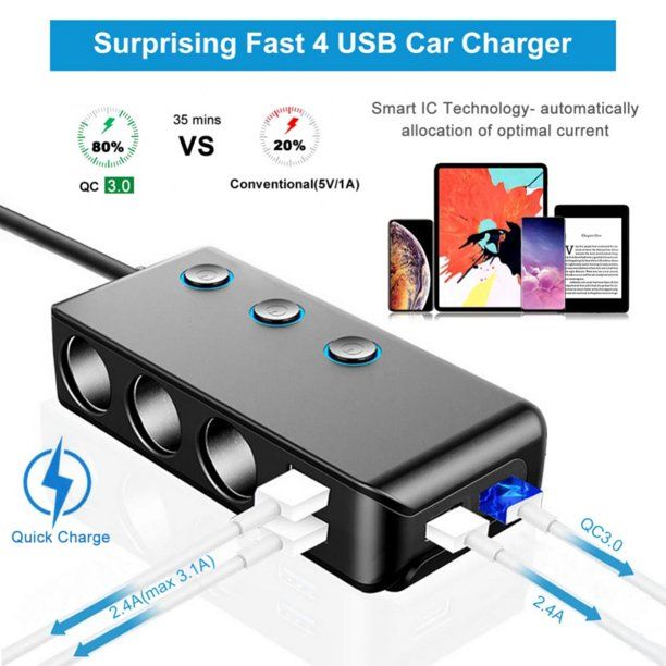 Photo 2 of Quick Charge 3.0 Cigarette Lighter Splitter, 12V/24V 3-Socket 120W DC Power Car Adapter with LED Voltmeter Main Switch, 8.5A 4 USB Fast Outlets, Three Independent ON/Off