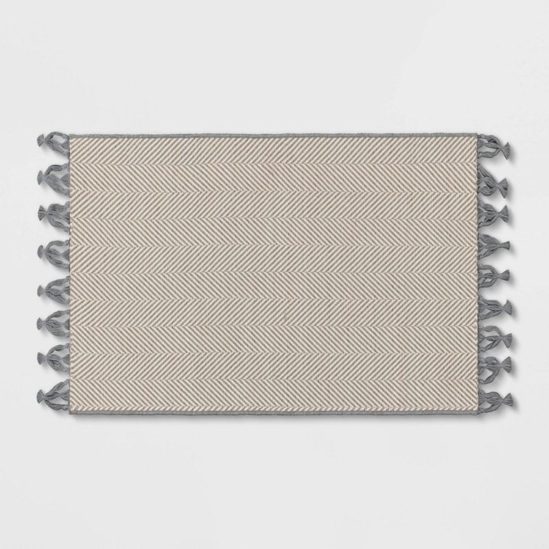 Photo 1 of 2'6" X 4'2" Herringbone Tapestry with Fringe Outdoor Door Mat Ivory/Cashmere Gray - Threshold