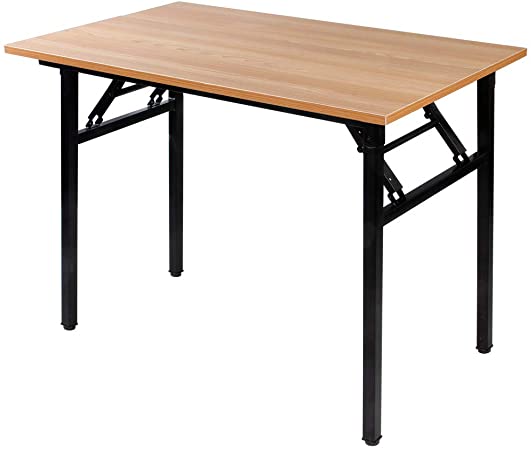 Photo 1 of Need Small Computer Desk 31.5 inches Folding Table No Assembly Sturdy Small Writing Desk Folding Desk for Small Spaces, Teak Color Desktop and Black Steel Frame AC5-8040-BB
