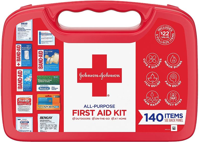 Photo 1 of Band-Aid Johnson & Johnson All-Purpose Portable Compact First Aid Kit for Minor Cuts, Scrapes, Sprains & Burns, Ideal for Home, Car, Travel and Outdoor Emergencies, 140 Count
