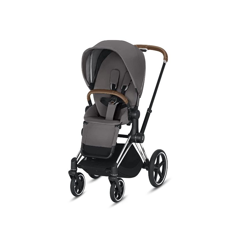 Photo 1 of Cybex Priam 3 Complete Stroller, One-Hand Compact Fold, Reversible Seat, Smooth Ride All-Wheel Suspension, Extra Storage, Adjustable Leg Rest, Manhattan Grey with Chrome/Brown Frame
