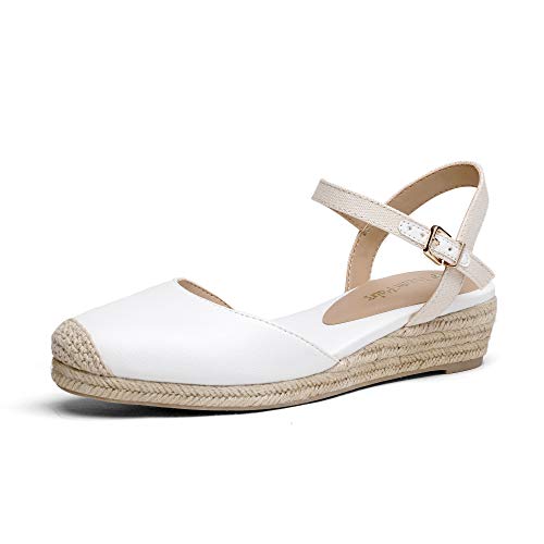 Photo 1 of DREAM PAIRS Women's DPW211 Platform Ankle Strap Closed Toe Espadrille Wedge Sandals, Creamy/White, Size 7.5
