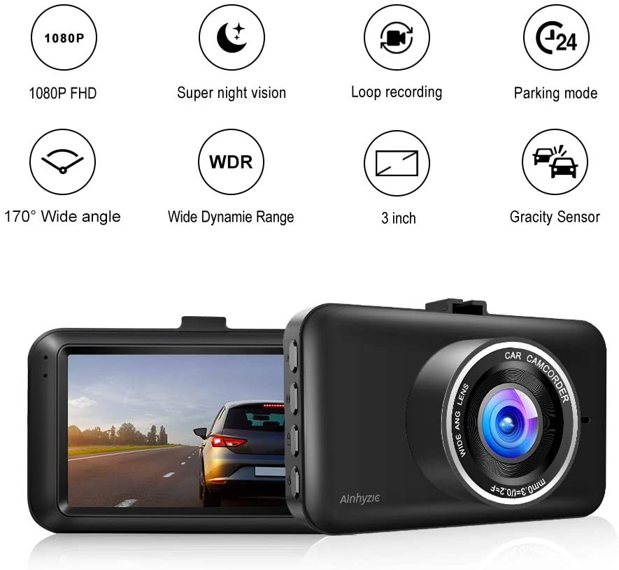 Photo 1 of Ainhyzic Dash Cam for Cars 1080P Full HD Car Driving Recorder 3-Inch LCD Screen with Super Night Vision, 170° Wide Angle, Loop Recording, WDR, G-Sensor, Parking Monitor, Motion Detection
