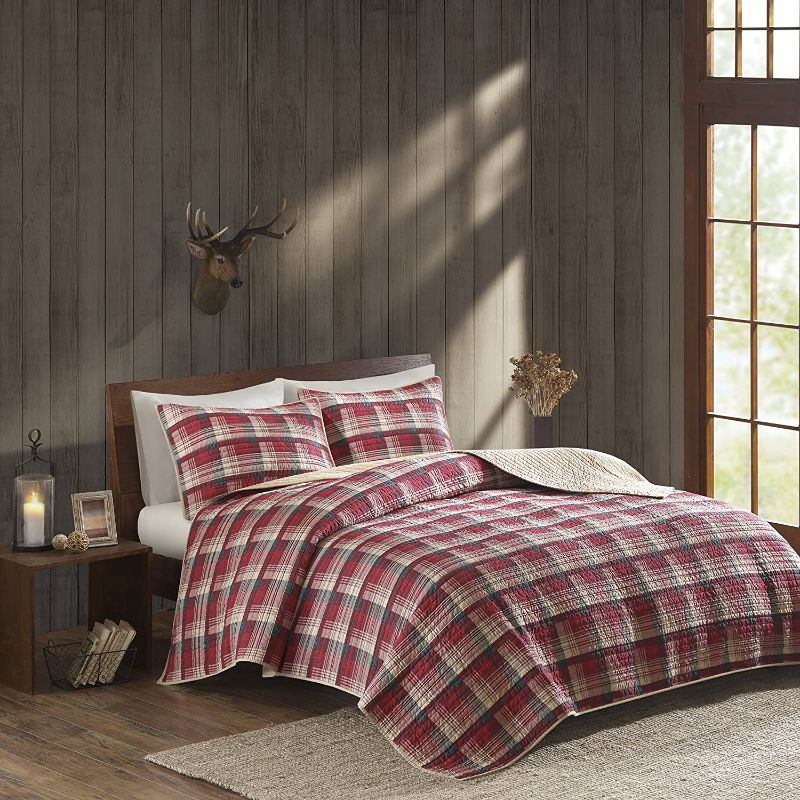 Photo 1 of Woolrich Tasha Reversible Quilt Set - Cottage Styling Reversed to Solid Color, All Season Lightweight Coverlet, Cozy Bedding Layer, Matching Shams, Oversized Full/Queen, Tasha, Plaid Red/Tan, 3 Piece
