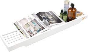 Photo 1 of Bamboo Bathtub Organizer Bathroom Caddy Organizer Non Slip Bath Serving Table Tray for Wine Glass Books Shampoo Soap Razors (White)
