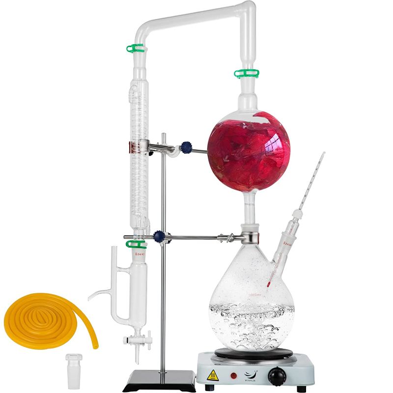 Photo 1 of 2L Lab Glassware Distillation Kit, Essential Oil Distillation Apparatus, Water Distiller Purifier with Condenser Joint?S35; 24/40 Joint), Include 1KW Electronic Heating Stove
