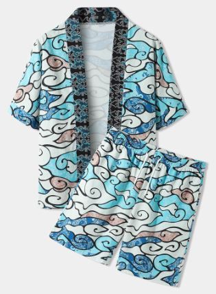 Photo 1 of Mens Ukiyoe Print Open Front Kimono Japanese Style Loose Two Pieces Outfits, SIZE 2XL
