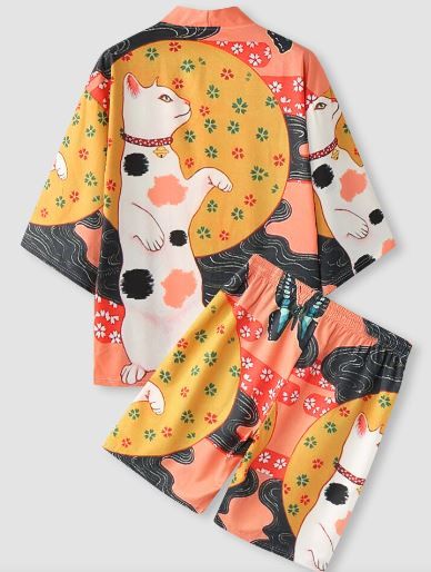 Photo 1 of Herren Cartoon Katze Print Open Front Kimono Street Kurze Zweiteiler Outfits, SIZE XXL
