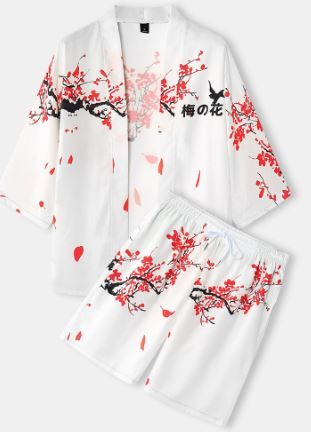 Photo 1 of Mens Plum Bossom Character Print Kimono Loose Two Pieces Outfits, SIZE XXXL
