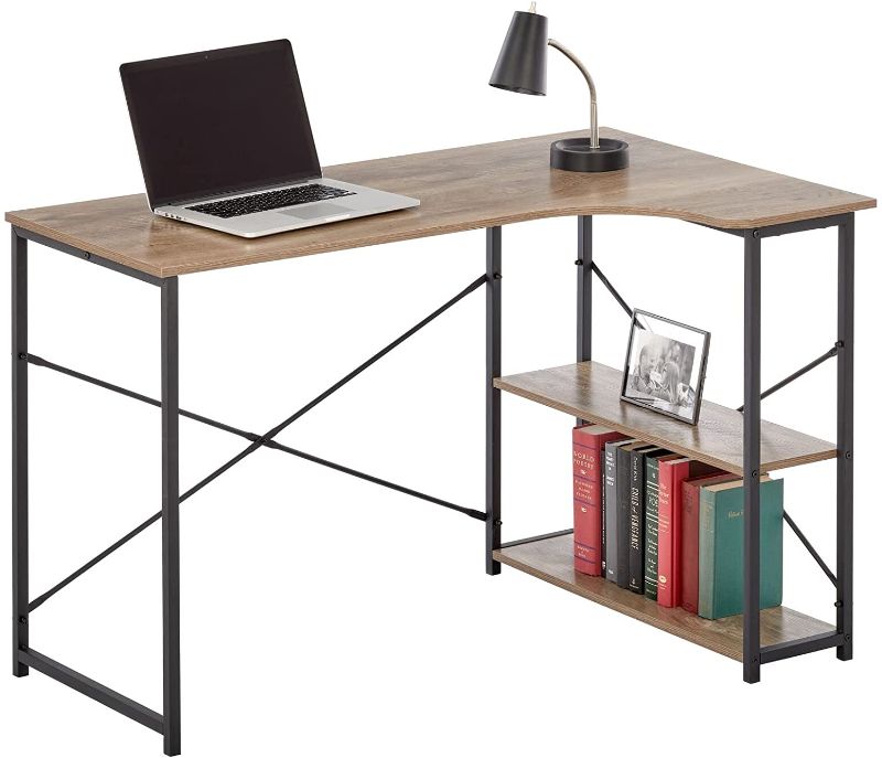 Photo 1 of mDesign Large L-Shape Home Office Corner Desk with Shelves - Space Saving Computer or Writing Desk, Modern Simple Style PC Work Table - Sturdy Black Metal Frame/Gray Wash Wood Top
