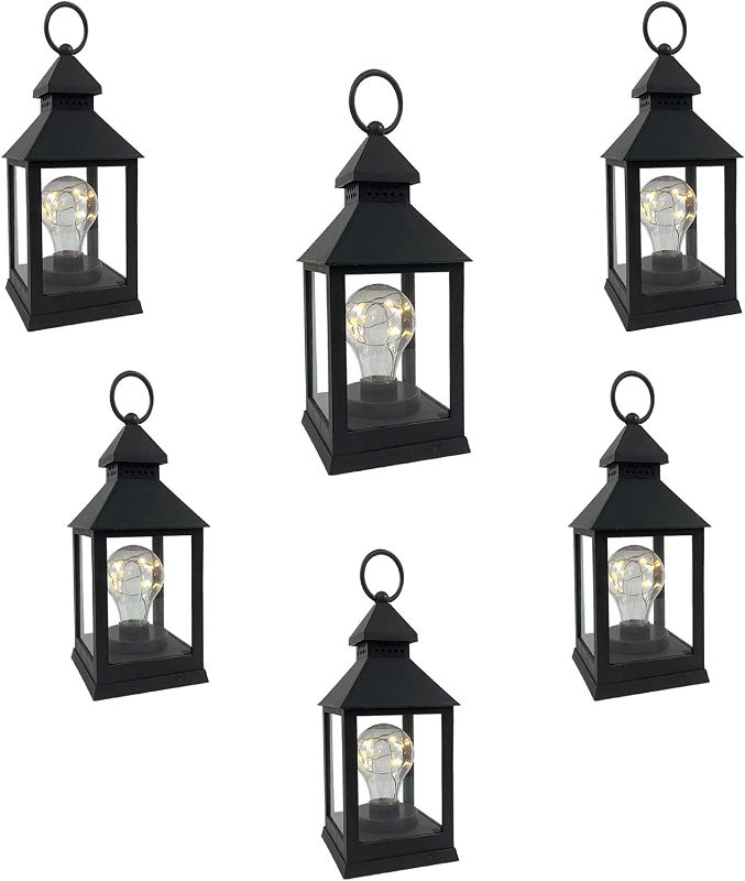 Photo 1 of 10.4”H Decorative Plastic Black Lantern with 6Hours Timer and Traditional Bulb Inside Using Battery for Indoor and Outdoor Hanging Lantern Decor for Home Party
