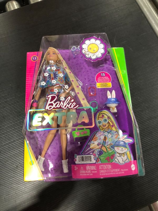 Photo 2 of Barbie Extra Doll #12 in Floral 2-Piece Fashion & Accessories, with Pet Bunny, Extra-Long Blonde Hair with Heart Icons & Flexible Joints, Gift for 3 Year Olds & Up
