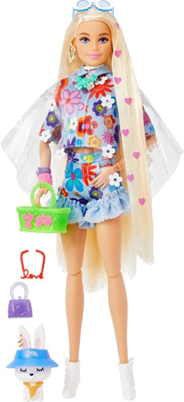 Photo 1 of Barbie Extra Doll #12 in Floral 2-Piece Fashion & Accessories, with Pet Bunny, Extra-Long Blonde Hair with Heart Icons & Flexible Joints, Gift for 3 Year Olds & Up
