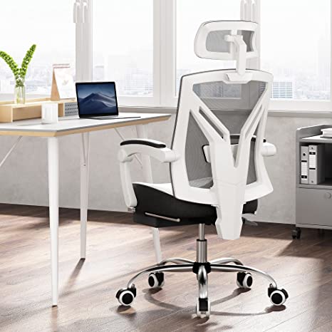 Photo 1 of Hbada Ergonomic Office Chair High Back Desk Chair Recliner Chair with Lumbar Support Height Adjustable Seat, Headrest- Breathable Mesh Back Soft Foam Seat Cushion with Footrest, White
