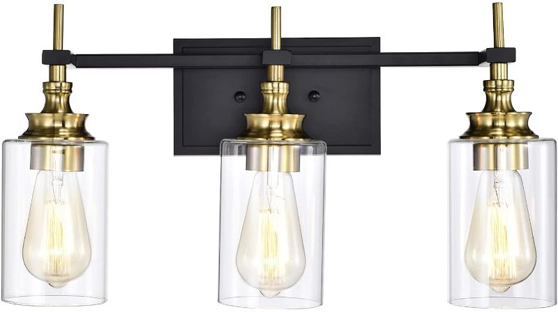 Photo 1 of Diyel Bathroom Vanity Light 3-Light Vanity Wall Sconce Modern Indoor Wall Light Wall Mount Lighting Bath Wall Lamp for Bathroom Kitchen Black Finish with Clear Glass Shade, 2126-W3
