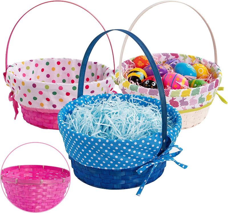 Photo 1 of JOYIN 3 Pcs Easter Bamboo Basket with Polka Dots Lining, Natural Woven Easter Eggs and Candy Wicker Basket for Picnic, Gift Packing, Decor
