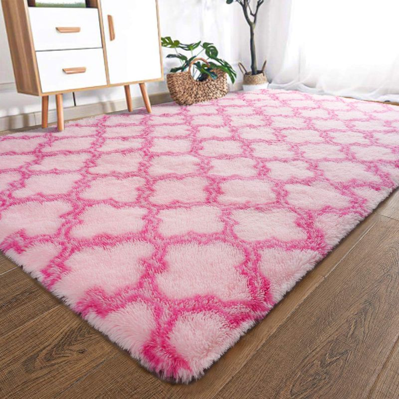 Photo 1 of YOH Modern Soft Fluffy Shaggy Area Rug for Bedroom Living Room Indoor Home Decorative Accent Floor Carpet, Rectangle Non-Slip Plush Furry Fur Rugs for Dorm Kids Room Baby Nursery 4x6 Feet, Pink
