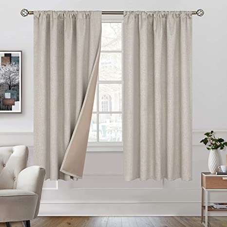 Photo 1 of 100% BLACKOUT CURTAINS FOR BEDROOM, 52 X 63 INCH 2 PANELS LINEN TEXTURE, BEIGE