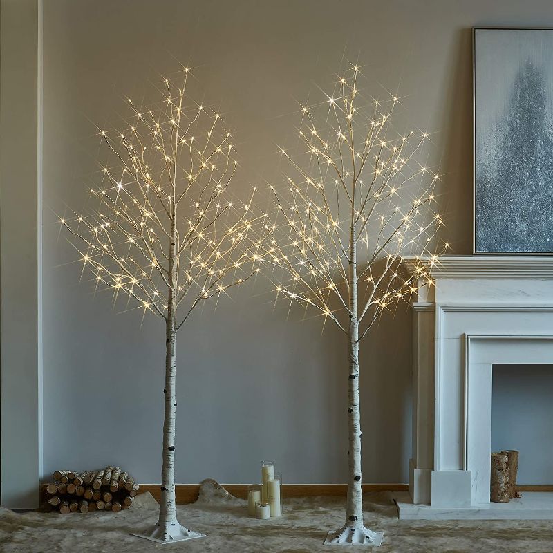 Photo 1 of Hairui Pre Lit Birch Tree 2Pack 6FT 128 Warm White LED White Christmas Tree with Partial Twinkling Feature Output 24V Safety Voltage for Home and Holiday Decorations
