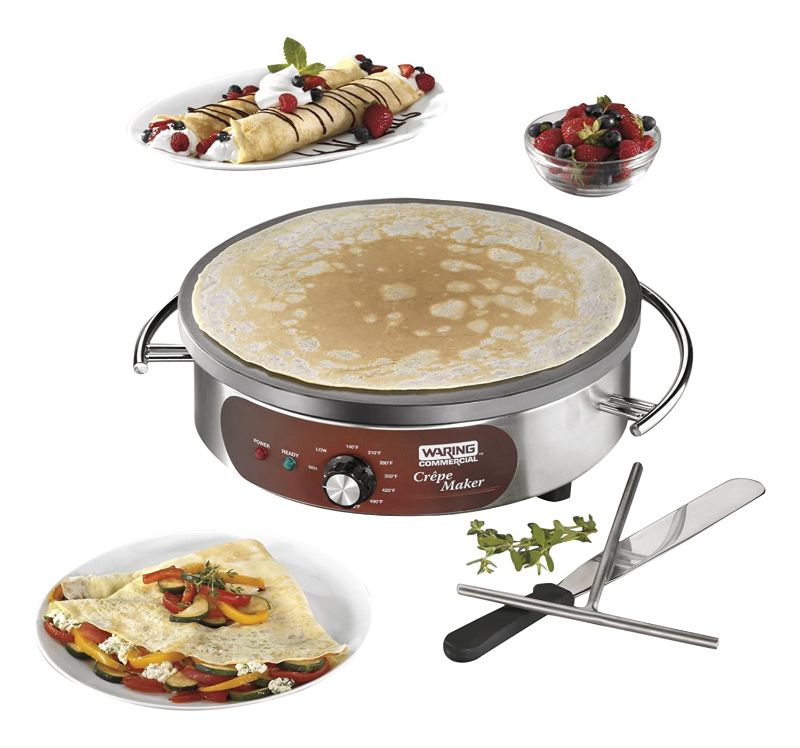 Photo 1 of Waring Commercial WSC160X 16" Electric Crepe Maker, Cast Iron Cooking Surface, Stainless Steel Base, Includes Batter Spreader and Spatula, 120V, 1800W, 5-15 Phase Plug
