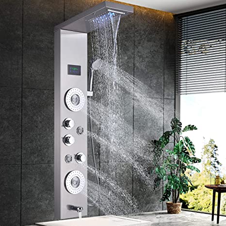 Photo 1 of ALENARTWATER Stainless Steel Shower Panel Tower System Wall Mounted 6-Function with LED Rainfall Waterfall Shower Head Rain Massage with Adjustable Body Jets Tub Spout Handheld Shower Brushed Nickel
