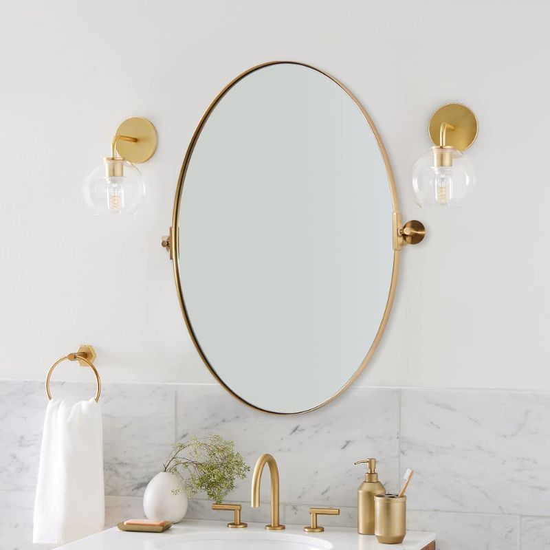 Photo 1 of ANDY STAR Gold Oval Mirror, Oval Pivot Bathroom Mirror, Brushed Gold Oval Pivot Mirror Bathroom Stainless Steel Metal Frame Tilting Vanity Wall Mirror Hangs Vertical 25" x 38"
