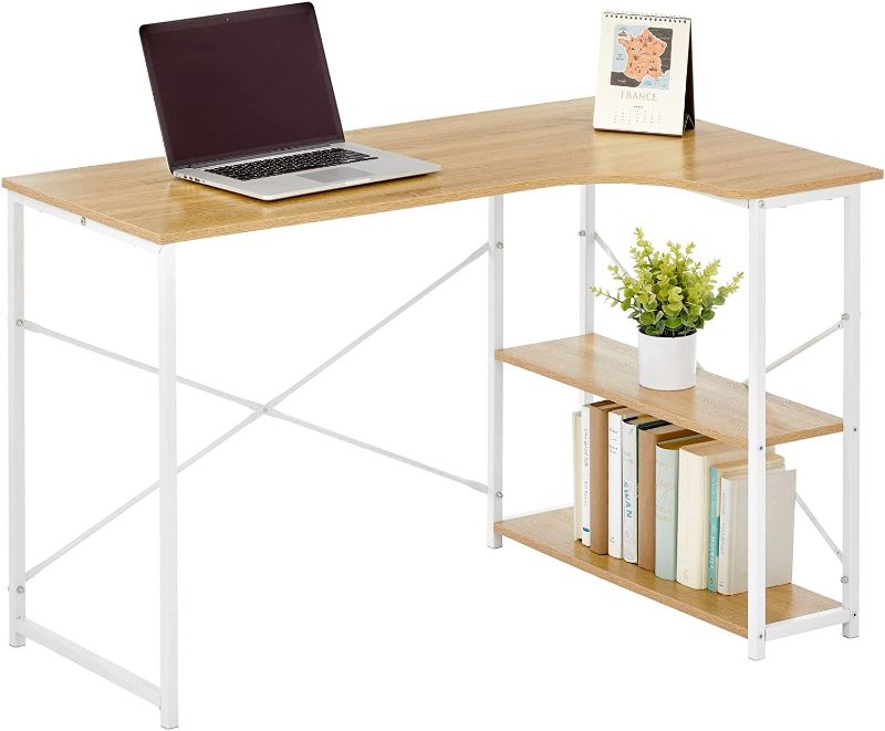 Photo 1 of mDesign Large L-Shape Home Office Corner Desk with Shelves - Space Saving Computer or Writing Desk, Modern Simple Style PC Work Table - Sturdy White Metal Frame/Light Natural Wood Top
