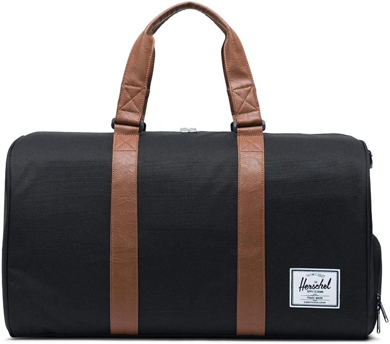 Photo 1 of Herschel Novel Duffel Bag, Black/Tan Synthetic Leather, Classic 42.5L
