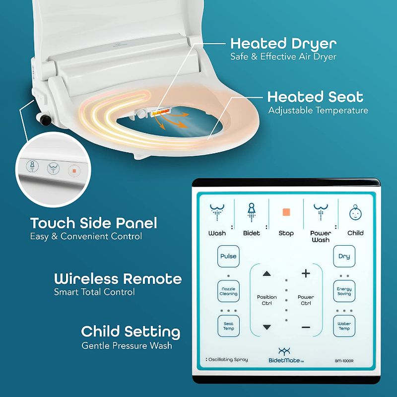 Photo 4 of BidetMate 1000 Series Electric Bidet Heated Smart Toilet Seat with Heated Water, Wireless Remote, and Heated Dryer - Adjustable and Self-Cleaning - Fits Elongated Toilets
