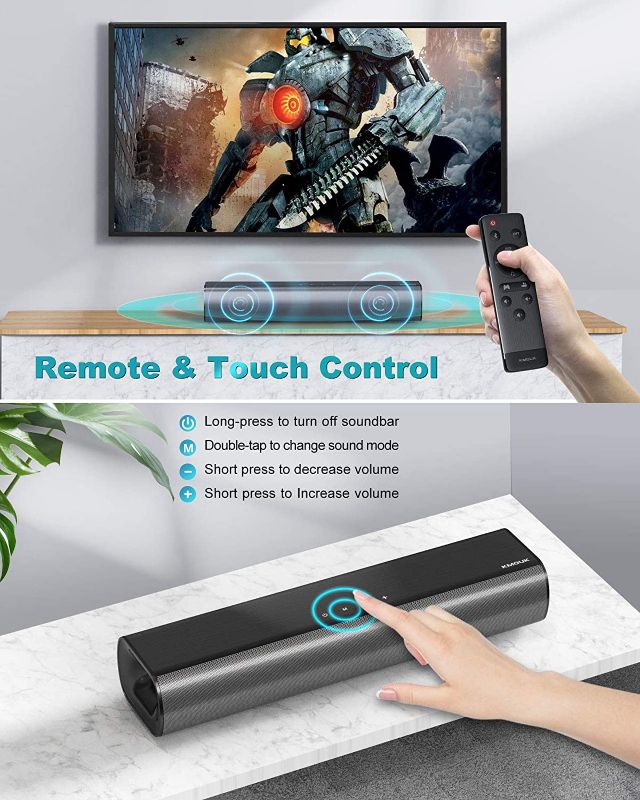 Photo 3 of Soundbar, KMOUK Sound Bar for Small TV, Bluetooth 5.0, Mini Sound bar for PC/Home Theater, 2.0 Channel, 3 Equalizer Mode Audio, Optical/Aux/RCA Connection, Wired Gaming Speaker with 3D Surround Sound
