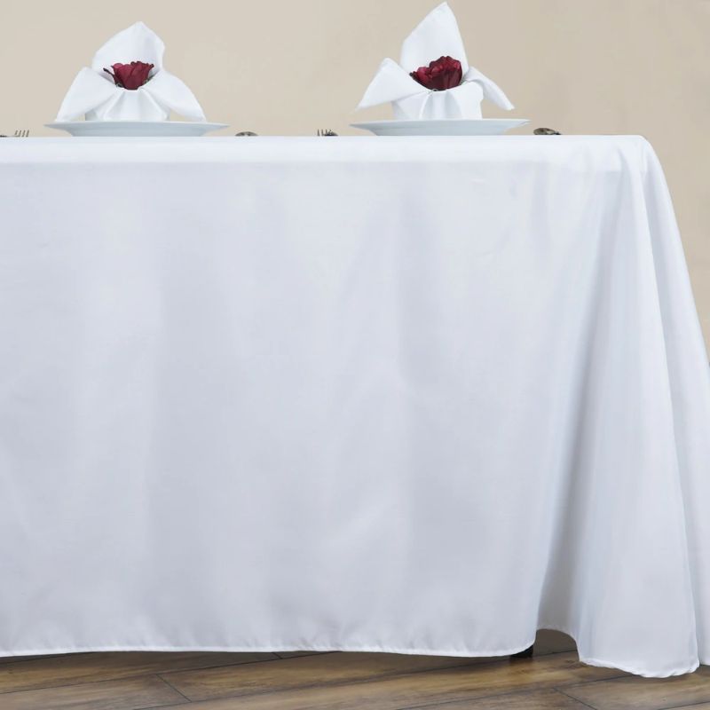 Photo 1 of 90"x156" White Polyester Round Corner Linen Rectangular Tablecloth
