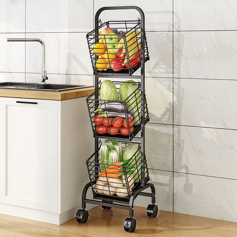 Photo 1 of 3-Tier Vegetable Basket Cart for Kitchen, Fruit and Vegetable Storage with 4 Wheels and 3 Removable Hanging Baskets