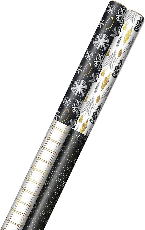 Photo 1 of `Hallmark Christmas Wrapping Paper Jumbo Rolls with Cut Lines on Reverse (2 Rolls, 4 Designs: 160 Sq. Ft. Ttl) Black and Gold Trees, Snowflakes, Plaid for Holidays, Hanukkah, Weddings, Graduations