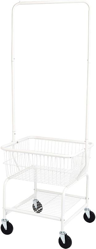 Photo 1 of Amazon Basics Laundry Hamper Basket Butler Cart with Wheels and Hanging Rack, White
